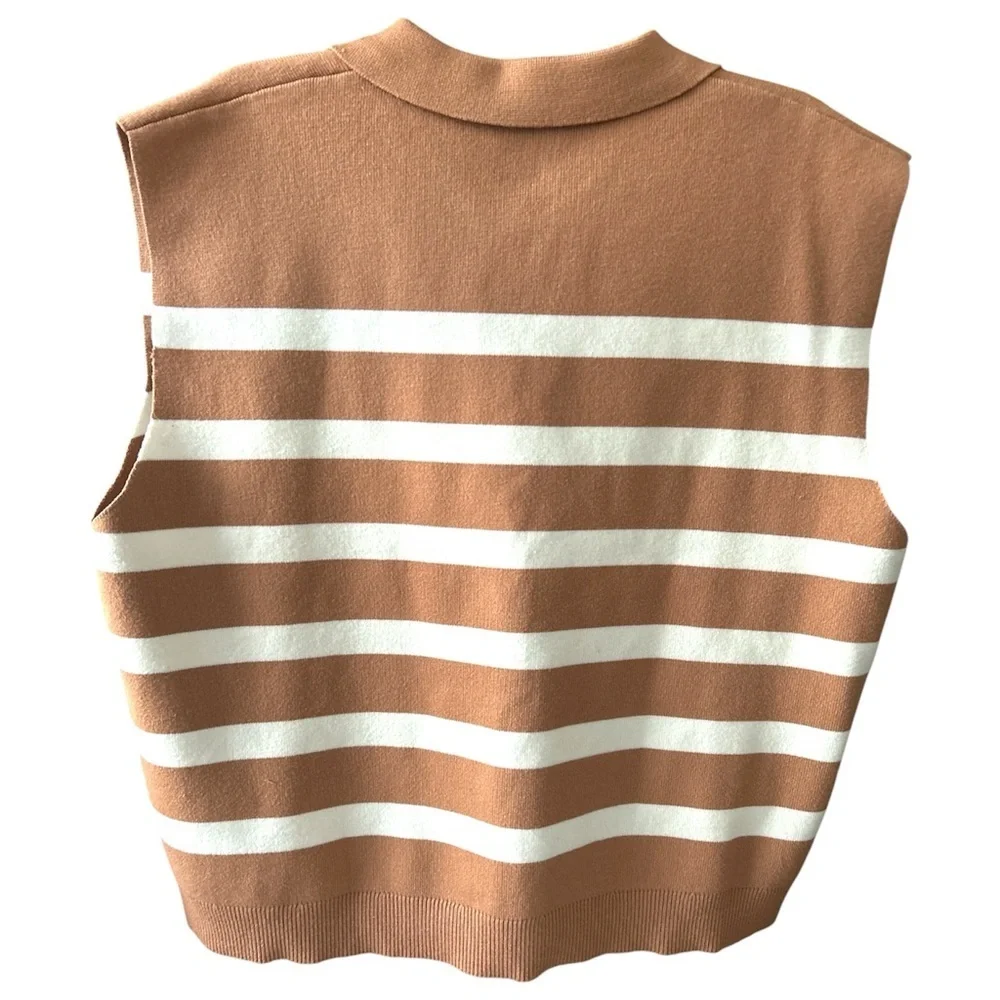 Maeve Anthropologie Stripe Collard Sleeveless Sweater Vest Camel White Size XL